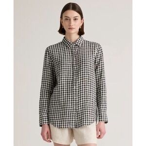 Quince Women Linen Shirt XL Black Gingham button Front Long Sleeves Office Comfy